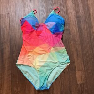 RAD Swim Geometric Prism One Piece Swimsuit Womens Medium Rainbow Lace Up Back